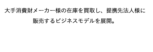 大手消費財メーカー様の在庫を買取し、提携先法人様に販売するビジネスモデルを展開。